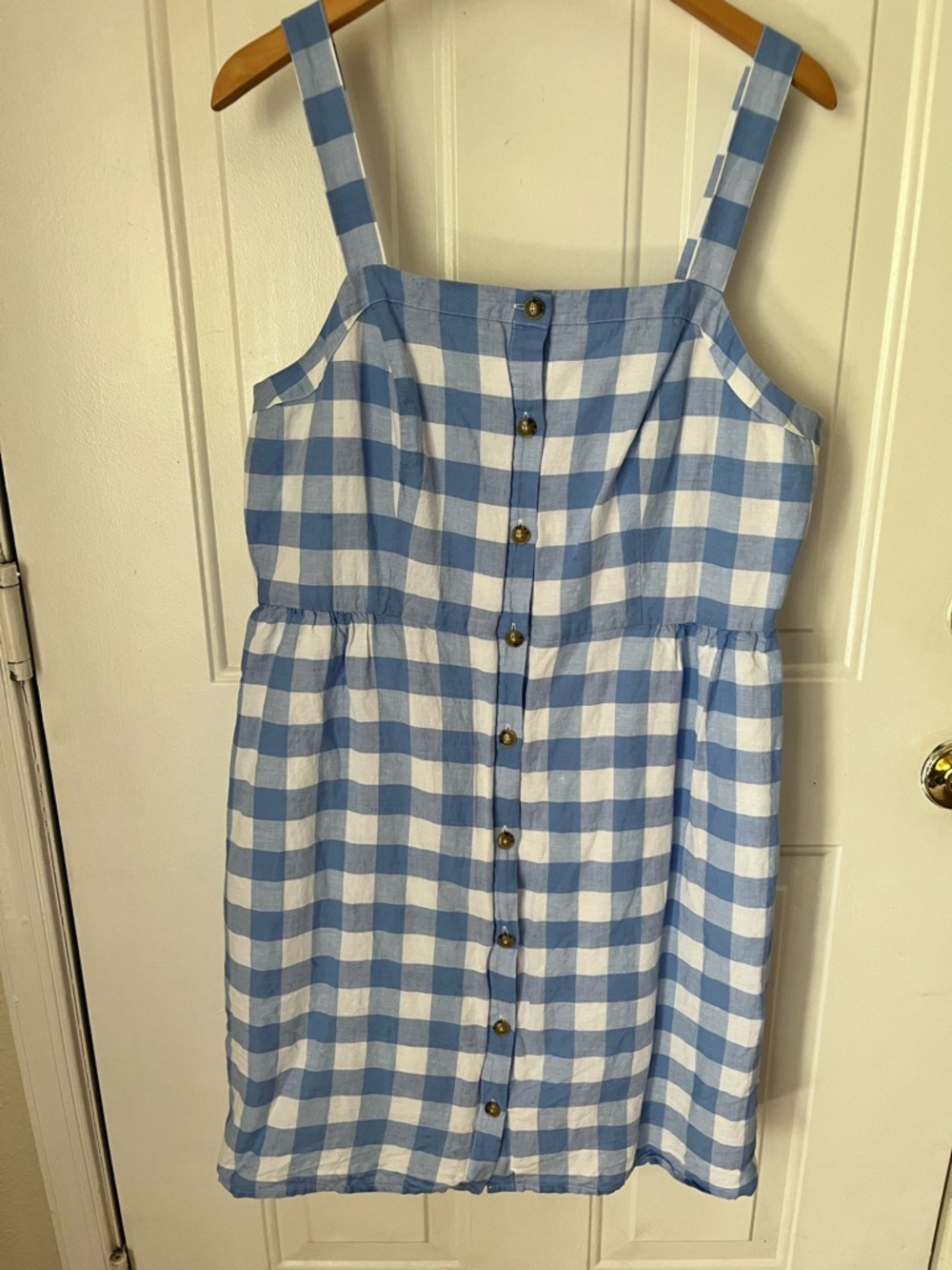 J Crew Dress Women’s 16 Blue White Gingham Cotton Linen Coastal Button Up Lined